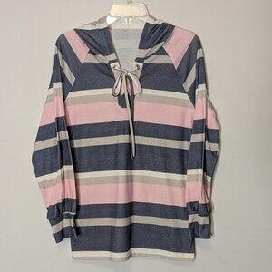 Gray & Pink Striped Long Sleeve Hooded Stretch Knit Pullover Top; Size S